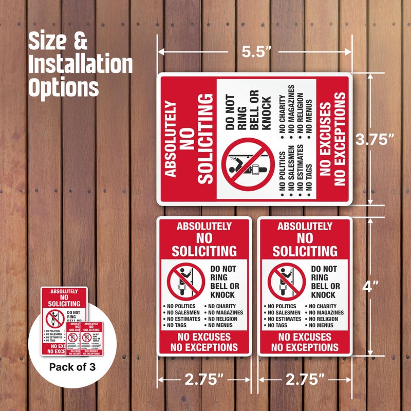 SmartSign Absolutely No Soliciting Stickers, No Excuses No Exceptions Do Not Ring Bell Knock Decals Set, Pack of 3, One 3.75"x5.5" & Two 2.75"x4", Made in USA - Image 5